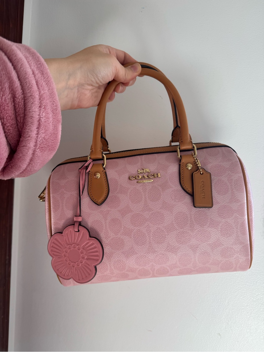 Coach Pink Signature Satchel with Tan Leather Handles